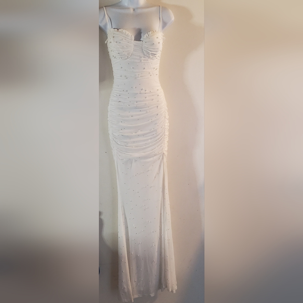 Formal White Peral Beaded Draped  Elegant Dress